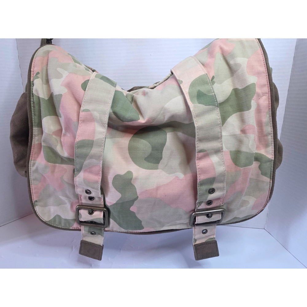 Wendy Bellissimo Pink Green Camo Diaper Bag Faux Suede Messenger Crossbody Brown